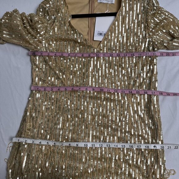 NWT $598 Mac Duggal [ 12 ] Sequined Long Sleeve V Neck Beaded Fringe Gown Gold‎ - Picture 3 of 15